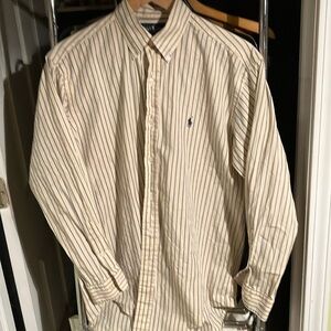 100% cotton tan and navy striped, “Yarmouth”, size 15 32/33